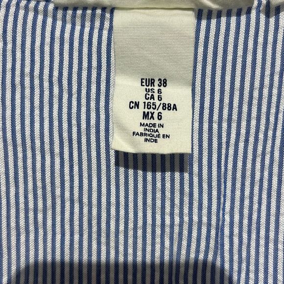 H&M L.O.G.G Women's Blue White Pinstripe Tie Sleeve V-Neck Blouse Size 6 - Picture 4 of 11